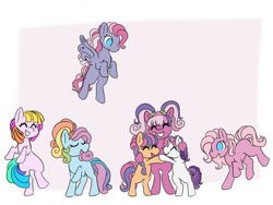 Size: 2000x1500 | Tagged: safe, artist:primrosedinocat, cheerilee (g3), pinkie pie (g3), rainbow dash (g3), scootaloo (g3), starsong, sweetie belle (g3), toola-roola, earth pony, pegasus, pony, unicorn, g3, g3.5, ask, bipedal, core seven, eyes closed, female, group, horn, hug, looking down, missing cutie mark, open mouth, open smile, passepartout, raised hoof, requested art, smiling, spread wings, tail, wings