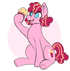 Size: 1134x1156 | Tagged: safe, artist:primrosedinocat, soda float, earth pony, pony, g3, drink, female, hoof hold, mare, open mouth, open smile, raised hoof, requested art, root beer float, sitting, smiling, solo, tail
