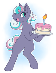 Size: 1026x1325 | Tagged: safe, artist:primrosedinocat, razzaroo, earth pony, pony, g3, bipedal, birthday cake, birthday candles, cake, female, fire, food, heart, heart eyes, mare, open mouth, open smile, plate, smiling, solo, tail, wingding eyes