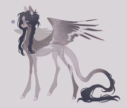 Size: 1440x1228 | Tagged: safe, artist:meggychocolatka, oc, oc only, pegasus, pony, adoptable, concave belly, eye clipping through hair, eyebrows, eyebrows visible through hair, female, gray background, leonine tail, long tail, mare, partially open wings, simple background, skinny, solo, tail, thin, thin legs, wings