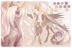 Size: 1440x960 | Tagged: safe, artist:meggychocolatka, oc, oc only, alicorn, pony, adoptable, alicorn oc, concave belly, constellation freckles, curved horn, female, freckles, head wings, horn, large wings, long tail, mare, partially open wings, reference sheet, slender, solo, tail, thin, wings