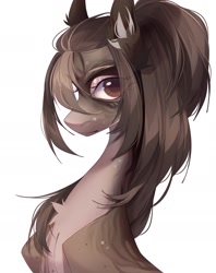 Size: 1440x1817 | Tagged: safe, artist:meggychocolatka, oc, oc only, earth pony, pony, chest fluff, ear fluff, eye clipping through hair, female, looking at you, mare, simple background, slender, solo, thin, white background