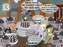 Size: 1032x774 | Tagged: safe, artist:boneswolbach, artist:bronybyexception, artist:grinning-alex, artist:mlp-silver-quill, artist:peora, artist:tritebristle, artist:trotsworth, derpy hooves, dinky hooves, doctor whooves, time turner, alien, earth pony, pegasus, pony, unicorn, g4, advent calendar, antagonist, dalek, davros, doctor who, female, figgy pudding, filly, foal, food, male, mare, ponified, stallion, the doctor