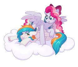 Size: 1607x1380 | Tagged: safe, artist:skysorbett, oc, oc only, oc:sky sorbet, oc:twister joy, pegasus, pony, 2024 community collab, derpibooru community collaboration, bow, cloud, duo, duo male and female, female, folded wings, hair bow, lying down, male, mare, on a cloud, one eye closed, pegasus oc, raised hoof, simple background, smiling, spread wings, stallion, transparent background, wings