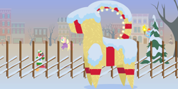 Size: 4320x2160 | Tagged: safe, anonymous artist, big macintosh, fluttershy, rainbow dash, earth pony, goat, pegasus, pony, series:fm holidays, series:hearth's warming advent calendar 2023, g4, advent calendar, alternate hairstyle, camera, christmas, clothes, earmuffs, female, fence, fire, grin, gävle goat, hat, hay, high res, holiday, hoof hold, lineless, male, mare, pointy ponies, posing for photo, rainbow douche, scarf, ship:fluttermac, shipping, shit eating grin, short mane, smiling, snow, stallion, straight, sweater, this will end in fire, torch, winter outfit