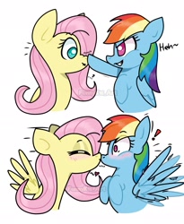 Size: 1455x1774 | Tagged: safe, artist:funnyk16, fluttershy, rainbow dash, pegasus, pony, g4, 2 panel comic, :t, blushing, boop, comic, duo, exclamation point, eye clipping through hair, eyebrows, eyebrows visible through hair, eyes closed, female, floating heart, folded wings, heart, kiss on the lips, kissing, lesbian, question mark, ship:flutterdash, shipping, simple background, spread wings, surprised, unexpected, white background, wingboner, wings