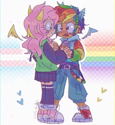 Size: 847x919 | Tagged: safe, artist:linterteatime, fluttershy, rainbow dash, human, g4, clothes, converse, cute, dashabetes, denim, duo, duo female, ear piercing, earring, eye contact, female, floating heart, floating wings, four ears, heart, holding hands, hoodie, humanized, jeans, jewelry, lesbian, looking at each other, looking at someone, open mouth, open smile, pants, piercing, pony ears, pride, pride flag, ship:flutterdash, shipping, shoes, shyabetes, skirt, smiling, sneakers, socks, trans fluttershy, transgender, transgender pride flag, wings, younger