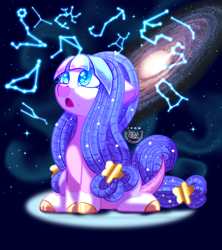 Size: 1200x1350 | Tagged: safe, artist:rosebutterfly014, cow, hybrid, pony, :d, blue eyes, colored hooves, constellation, dreadlocks, fanart, female, floppy ears, galaxy, gold hooves, hooves, leonine tail, mare, open mouth, open smile, sitting, smiling, solo, starry eyes, starry mane, starry tail, stars, tail, wingding eyes