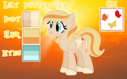 Size: 2108x1312 | Tagged: safe, artist:cindystarlight, oc, oc only, oc:lily butterflies, pegasus, pony, female, mare, reference sheet, solo