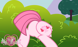 Size: 900x544 | Tagged: safe, artist:muhammad yunus, oc, oc only, oc:annisa trihapsari, earth pony, pony, g4, annibutt, base used, bush, butt, butt only, buttstuck, cute, female, mare, pink body, pink tail, plot, solo, stuck, tail, watermark