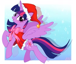 Size: 2048x1723 | Tagged: safe, artist:petaltwinkle, twilight sparkle, alicorn, pony, g4, bow, christmas, clothes, costume, female, gradient background, hat, holiday, jingle bells, looking at you, mare, open mouth, open smile, rearing, ribbon, santa costume, santa hat, show accurate, signature, smiling, smiling at you, solo, spread wings, twilight sparkle (alicorn), wings