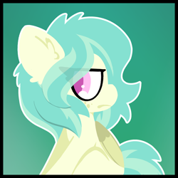 Size: 2250x2250 | Tagged: safe, artist:moonydusk, oc, oc only, oc:lustrebeam, pegasus, gradient background, green background, high res, magenta eyes, pegasus oc, pouting, sitting, solo, teal mane