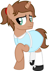 Size: 1637x2376 | Tagged: safe, artist:peternators, oc, oc only, oc:heroic armour, pony, unicorn, 2024 community collab, derpibooru community collaboration, g4, clothes, colt, crossdressing, dress, foal, horn, male, ponytail, raised hoof, shoes, simple background, smiling, socks, solo, teenager, transparent background