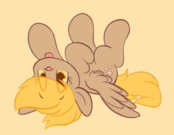 Size: 2048x1578 | Tagged: safe, artist:tamabel, derpy hooves, pegasus, pony, g4, :p, cute, derpabetes, female, mare, simple background, solo, spread wings, tongue out, upside down, wings, yellow background