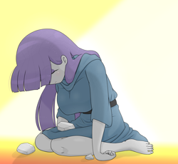 Size: 2326x2136 | Tagged: safe, artist:batipin, maud pie, human, equestria girls, g4, barefoot, big breasts, breasts, busty maud pie, eye clipping through hair, eyebrows, eyebrows visible through hair, eyes closed, feet, gradient background, high res, missing shoes, rock, sleeping