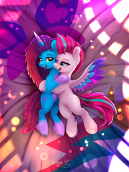 Size: 1417x1890 | Tagged: safe, alternate version, artist:darksly, misty brightdawn, zipp storm, pegasus, pony, unicorn, g5, adorazipp, alternate hairstyle, blushing, colored eyebrows, colored wings, colored wingtips, cornrows, cuddling, cute, dreadlocks, duo, duo female, eyebrows, female, horn, hug, lesbian, mare, mistybetes, multicolored wings, open mouth, open smile, rebirth misty, ship:dawnstorm, shipping, signature, smiling, spread wings, unshorn fetlocks, wings