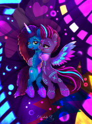 Size: 1417x1890 | Tagged: safe, alternate version, artist:darksly, misty brightdawn, zipp storm, pegasus, pony, unicorn, g5, adorazipp, alternate hairstyle, blacklight, blushing, colored eyebrows, colored wings, colored wingtips, cornrows, cuddling, cute, dreadlocks, duo, duo female, eyebrows, female, horn, hug, lesbian, mare, mistybetes, multicolored wings, open mouth, open smile, rebirth misty, ship:dawnstorm, shipping, signature, smiling, spread wings, unshorn fetlocks, wings