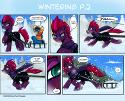 Size: 3508x2834 | Tagged: safe, artist:dsana, fizzlepop berrytwist, tempest shadow, oc, oc:lullaby dusk, pegasus, pony, unicorn, comic:a storm's lullaby, g4, clothes, comic, dialogue, duo, female, filly, foal, heterochromia, high res, mare, running, scarf, sled, snow, snowfall, sweater