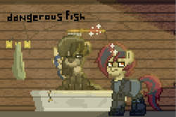 Size: 1400x935 | Tagged: oc name needed, source needed, safe, artist:dangerous fish, oc, pegasus, pony, unicorn, ashes town, fallout equestria, pony town, bath, closed eye, clothes, comb, cute, dissatisfied, female, grumpy, horn, male, mare, morning, oc x oc, pegasus oc, pixel art, shipping, sitting, spread wings, stallion, sun light, tail, towel, undressed, unicorn oc, washing, wings