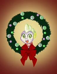 Size: 2550x3300 | Tagged: safe, artist:flutterluv, part of a set, spike, dragon, g4, bust, christmas, christmas wreath, gradient background, high res, holiday, portrait, smiling, solo, wreath