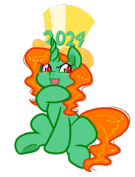 Size: 838x1098 | Tagged: safe, artist:paperbagpony, oc, oc only, oc:emerald isle, pony, unicorn, 2024 community collab, derpibooru community collaboration, hat, horn, simple background, sitting, solo, top hat, transparent background