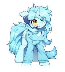 Size: 1422x1570 | Tagged: safe, artist:swaybat, oc, oc only, oc:otakulight, pony, unicorn, 2024 community collab, derpibooru community collaboration, clothes, cute, headset, heterochromia, hoodie, horn, simple background, solo, transparent background