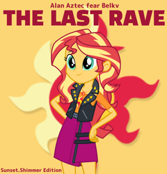 Size: 1194x1242 | Tagged: safe, artist:edy_january, artist:twilirity, edit, sunset shimmer, human, equestria girls, g4, my little pony equestria girls: better together, alan aztec, album, album cover, album parody, belkv, geode of empathy, hardbass, magical geodes, music, simple background, solo, song, sunset shimmer edition (album), vector used