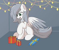 Size: 2312x1975 | Tagged: safe, artist:hcl, oc, oc only, pegasus, pony, christmas, christmas lights, clothes, colored wings, eyebrows, eyebrows visible through hair, holiday, open mouth, open smile, present, scarf, sitting, smiling, solo, spread wings, two toned wings, wings