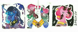 Size: 1440x592 | Tagged: safe, artist:i-am-cholera, princess cadance, princess celestia, princess luna, alicorn, pony, g4, alternate hairstyle, curved horn, female, gouache, hood, horn, mare, peytral, traditional art, watercolor painting