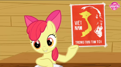 Size: 720x398 | Tagged: safe, edit, edited screencap, screencap, apple bloom, earth pony, g4, ponyville confidential, adorabloom, bow, cute, grin, hair bow, letupita725hd, raised hoof, smiling, teeth, vietnam