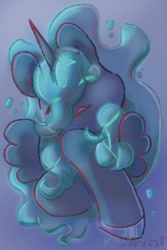 Size: 1365x2048 | Tagged: safe, artist:i-am-cholera, princess luna, alicorn, pony, g4, blue mane, bubble, bust, cute, ethereal mane, eyes closed, female, flowing mane, hoof shoes, horn, mare, ocean, solo, spread wings, starry mane, underwater, water, wings