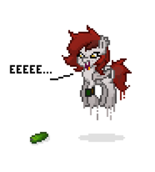 Size: 1581x1751 | Tagged: safe, artist:dangerous fish, oc, oc only, bat pony, pony, ashes town, fallout equestria, pony town, behaving like a cat, cucumber, eeee, female, food, funny, mare, pipbuck, pixel art, scary, simple background, solo, white background