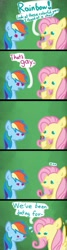 Size: 598x2225 | Tagged: safe, artist:funnyk16, fluttershy, rainbow dash, pegasus, pony, g4, ..., :c, blushing, comic, dialogue, duo, eye twitch, female, fluttershy is not amused, frown, green background, lesbian, pencil, ship:flutterdash, shipping, simple background, spread wings, sweat, sweatdrop, unamused, wings, yelling