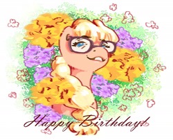 Size: 2100x1700 | Tagged: safe, artist:i-am-cholera, oc, oc only, earth pony, pony, female, flower, glasses, happy birthday, mare, solo