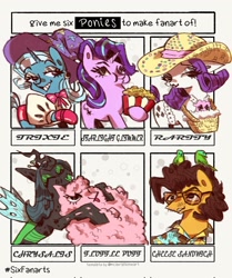 Size: 1715x2048 | Tagged: safe, artist:i-am-cholera, cheese sandwich, queen chrysalis, rarity, starlight glimmer, trixie, oc, oc:fluffle puff, bird, changeling, changeling queen, earth pony, parrot, pony, unicorn, g4, basket, bowtie, canon x oc, clothes, female, food, glasses, hat, hug, lesbian, male, mare, popcorn, ship:chrysipuff, shipping, shirt, six fanarts, stallion, sun hat, trixie's hat