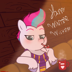 Size: 2480x2480 | Tagged: safe, artist:starburstuwu, zipp storm, pegasus, pony, g5, chocolate, christmas, clothes, food, high res, holiday, hot chocolate, scarf, sugar cane