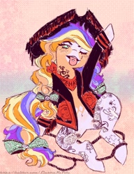 Size: 2000x2600 | Tagged: safe, artist:i-am-cholera, oc, oc only, earth pony, pony, bow, clothes, commission, female, hair bow, hat, high res, jacket, mare, neckerchief, one eye closed, piercing, pirate hat, solo, tail, tail bow, tongue out, tongue piercing, wink