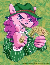 Size: 2000x2600 | Tagged: safe, artist:i-am-cholera, pinkie pie, earth pony, anthro, g4, abstract background, banknotes, braces, cash, clothes, dollars, facial hair, female, goatee, grill, grin, half body, hat, high res, jewelry, looking at you, money, moustache, pinstripes, ring, smiling, smiling at you, solo, suit, thumbs up