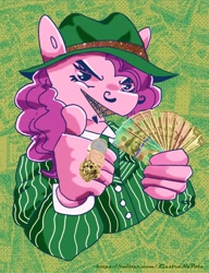 Size: 2000x2600 | Tagged: safe, artist:i-am-cholera, pinkie pie, earth pony, anthro, g4, abstract background, banknotes, braces, cash, clothes, dollars, facial hair, female, gangster spongebob, goatee, grill, grin, half body, hat, high res, jewelry, looking at you, money, moustache, pinstripes, ring, smiling, smiling at you, solo, suit, thumbs up