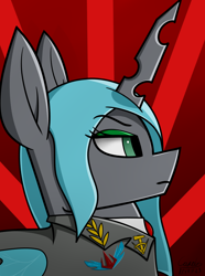 Size: 1248x1680 | Tagged: safe, artist:hno3, queen chrysalis, changeling, changeling queen, equestria at war mod, equestria rises still (equestria at war submod), g4, bust, clothes, female, gradient background, insect wings, military uniform, portrait, solo, uniform, wings