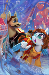 Size: 2088x3226 | Tagged: safe, artist:ariamidnighters, oc, oc only, fish, pegasus, pony, balloon, bubble, clothes, duo, heart, heart balloon, high res, looking up, open mouth, open smile, partially open wings, pegasus oc, roller coaster, smiling, teeth, wings