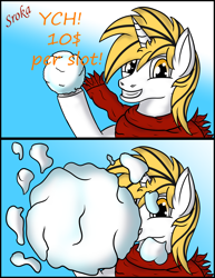 Size: 2430x3146 | Tagged: safe, artist:sroka001, oc, oc only, oc:srok, pony, unicorn, clothes, commission, high res, scarf, snow, snowball, solo, ych result