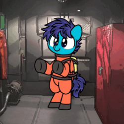 Size: 600x600 | Tagged: safe, artist:sugar morning, oc, oc only, oc:open air, pegasus, pony, air tank, animated, bipedal, blue eyes, clothes, commission, dancing, gif, hazmat suit, lethal company, male, music, shoes, solo, stallion, ych result