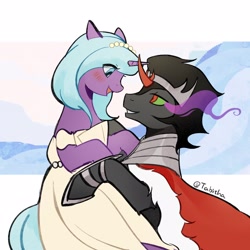 Size: 2048x2048 | Tagged: safe, artist:tabithaqu, idw, king sombra, radiant hope, pony, unicorn, g4, clothes, colored horn, curved horn, dress, duo, duo male and female, female, high res, horn, male, mare, ship:hopebra, shipping, sombra horn, stallion, straight
