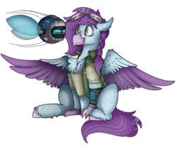 Size: 1546x1287 | Tagged: safe, artist:chillzone22, artist:molars, oc, oc only, oc:aella breeze, hippogriff, robot, 2024 community collab, derpibooru community collaboration, fallout equestria, goggles, happy, hippogriff oc, pipbuck, simple background, solo, spritebot, transparent background, wings