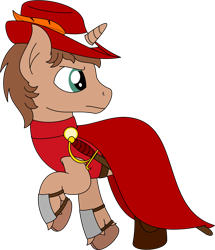 Size: 1956x2278 | Tagged: safe, artist:peternators, oc, oc only, oc:heroic armour, pony, unicorn, boots, bracer, cape, clothes, feather, hat, male, rapier, red mage, shirt, shoes, simple background, solo, stallion, sword, transparent background, walking, weapon