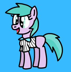Size: 1000x1007 | Tagged: safe, artist:maggiethelittlegirlfan389, aura (g4), earth pony, pony, g4, aurabetes, blank flank, blue background, clothes, collar, cute, female, filly, foal, open mouth, open smile, simple background, smiling, sports, sports outfit