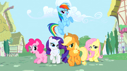 Size: 700x394 | Tagged: safe, screencap, applejack, fluttershy, pinkie pie, rainbow dash, rarity, earth pony, pegasus, pony, unicorn, g4, animated, applejack's hat, cloud, cowboy hat, crossed hooves, eyeshadow, female, flapping wings, flying, folded wings, freckles, gif, group, hat, horn, house, jumping, lidded eyes, looking at you, makeup, mare, open mouth, open smile, opening, opening theme, outdoors, ponyville, pronking, raised hoof, remane five, shy, smiling, smiling at you, spread wings, tail, theme song, tree, wings