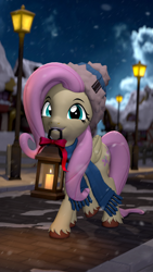 Size: 2160x3840 | Tagged: safe, artist:owlpirate, fluttershy, pegasus, pony, g4, 3d, 4k, clothes, cute, female, high res, lantern, looking at you, mare, mouth hold, outdoors, scarf, shyabetes, smiling, smiling at you, snow, snowfall, solo, source filmmaker, unshorn fetlocks, winter, winter outfit