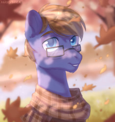 Size: 1204x1280 | Tagged: safe, artist:furryushka, oc, oc only, pony, clothes, glasses, leaves, male, scarf, solo, stallion, striped scarf
